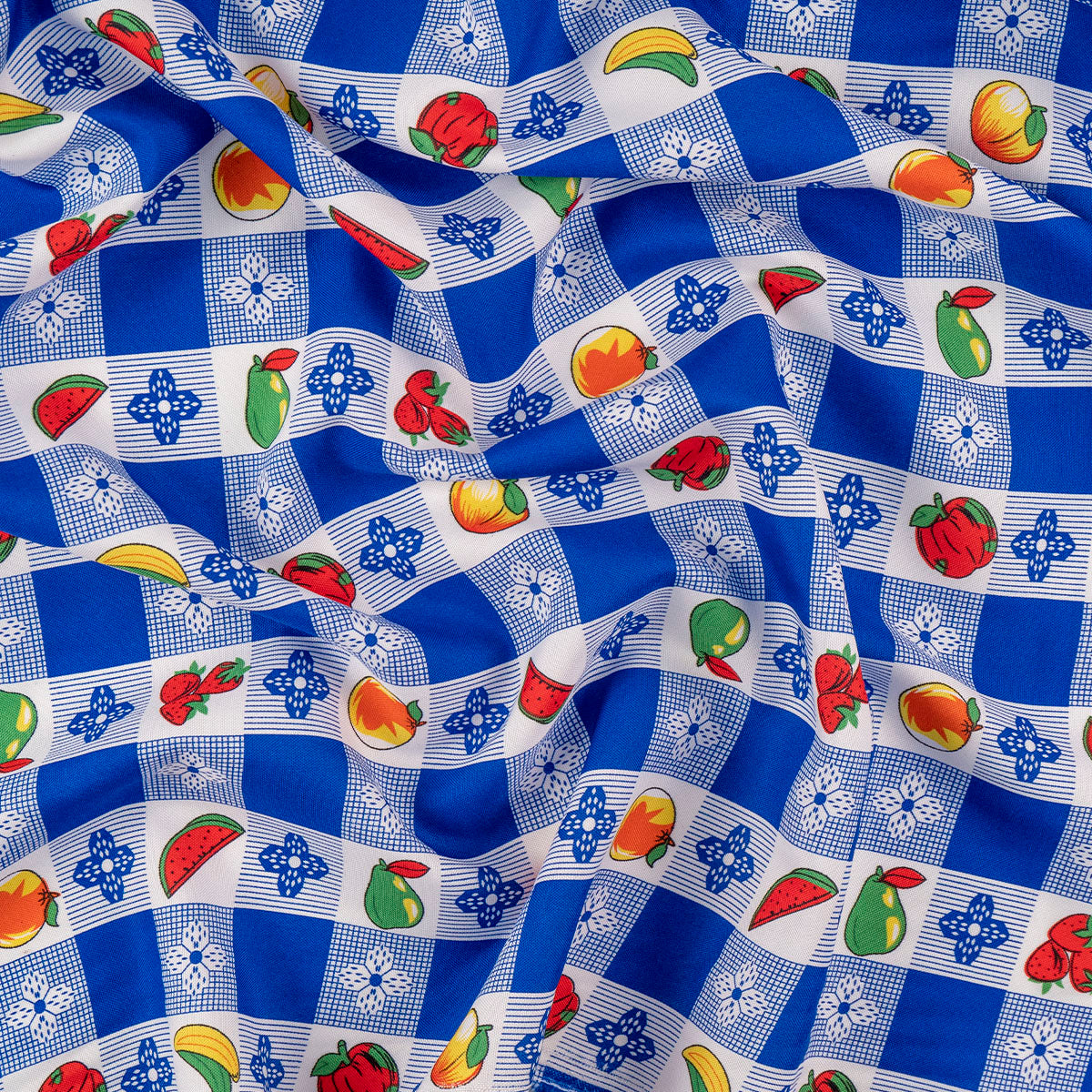 MANTELERIA ESTAMPADA AZUL OLIMPIA CUADRITOS Y FRUTAS