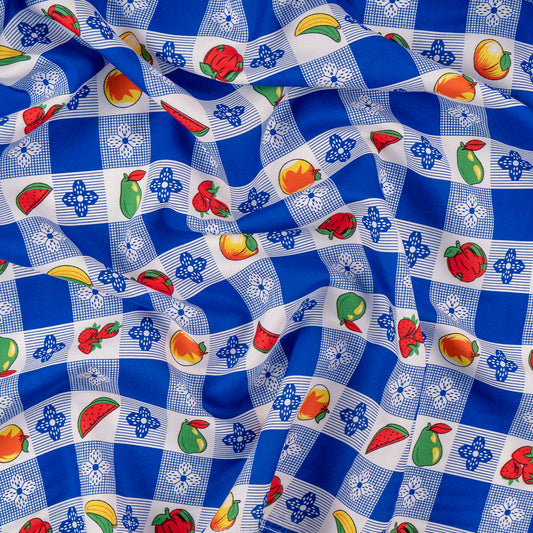 MANTELERIA ESTAMPADA AZUL OLIMPIA CUADRITOS Y FRUTAS