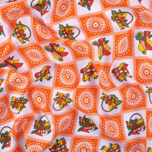 MANTELERIA ESTAMPADA NARANJA CUADRITOS CON FRUTAS