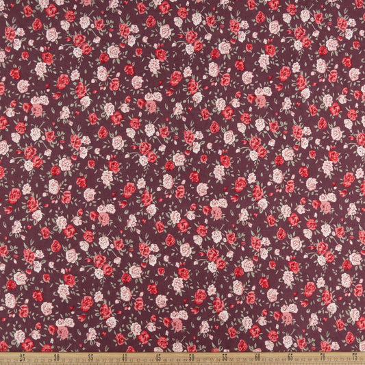 PIEL DE DURAZNO ESTAMPADO BORDO VINO WINDSOR CON ROSAS ROSAS Y ROJAS