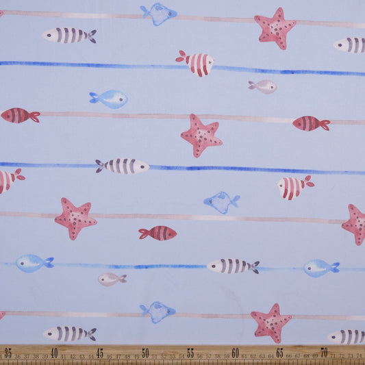 MICROFIBRA SPANDEX ESTAMPADO AZUL VISTA PECES Y ESTRELLAS DEL MAR