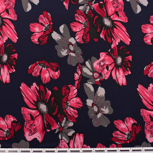 CREPE BOUCLE ESTAMPADO AZUL ECLIPSE TOTAL FLORAL ROJO Y NEGRO