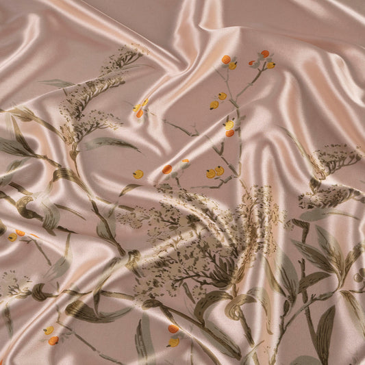 SATEN ESTAMPADO SALMON DURAZNO PALIDO HOJAS Y FLORES