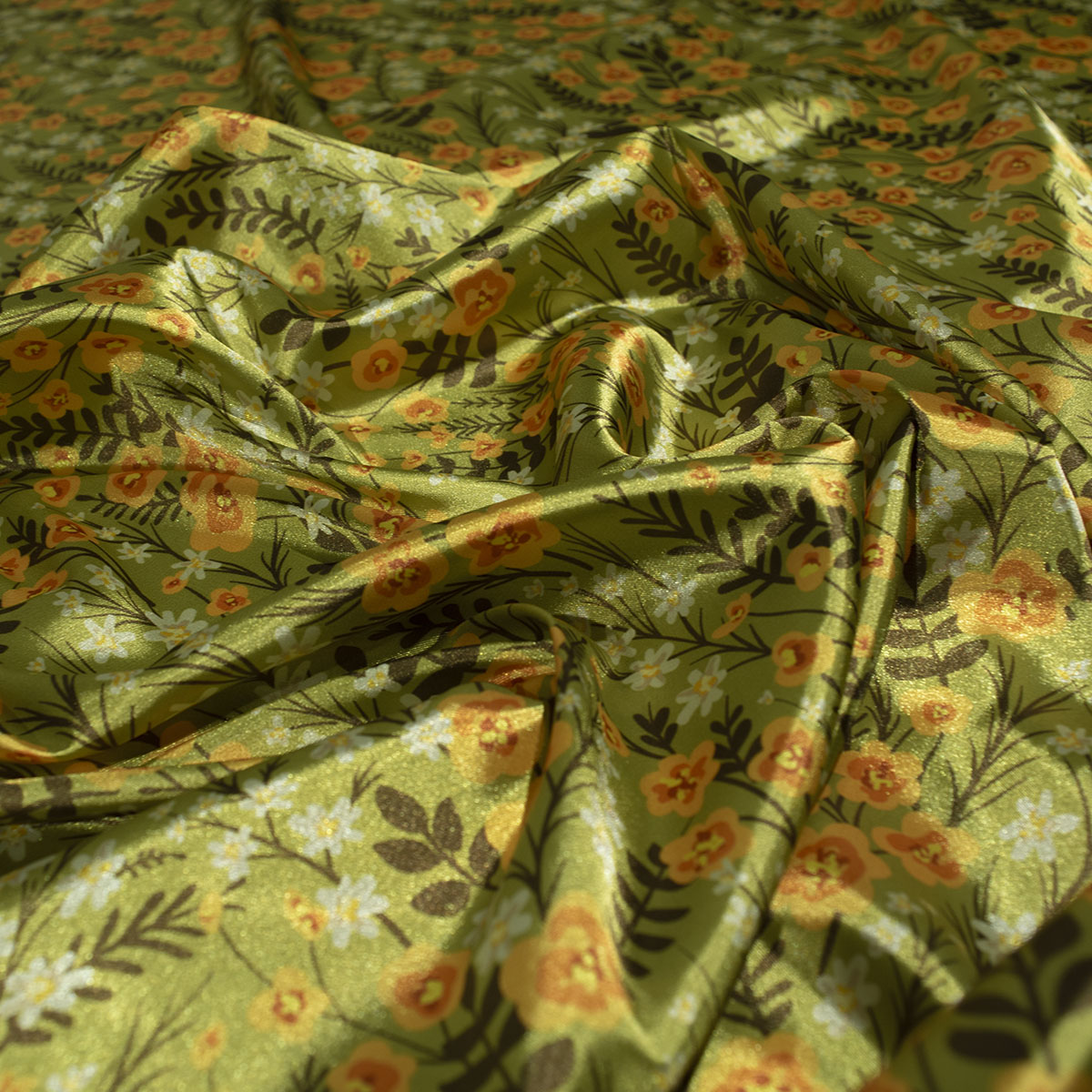 SATEN ESTAMPADO VERDE ACEITUNA FLORES PEQUEÑAS