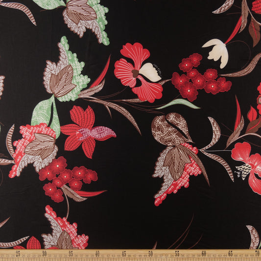 SATEN ESTAMPADO NEGRO METEORITO FLORES Y HOJAS