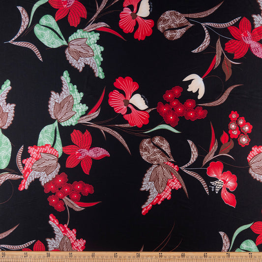 SATEN ESTAMPADO NEGRO METEORITO FLORES Y HOJAS