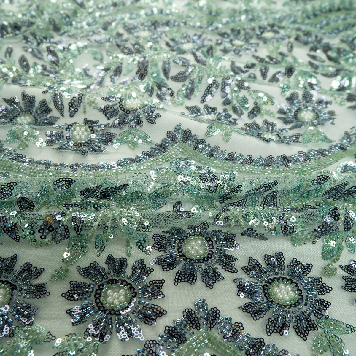 TUL PRADA VERDE AGUA ARANA CON FLORES