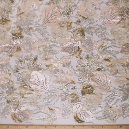 TUL PRADA BEIGE LIGERO BORDADO FLORAL Y HOJAS