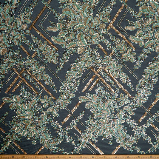 TUL PRADA VERDE TEAL CON FLORES Y HOJAS