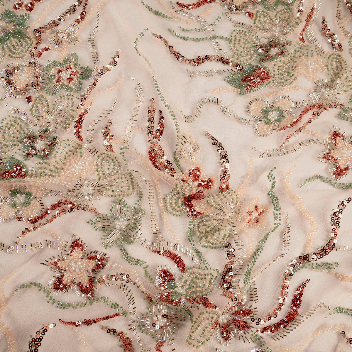 TUL PRADA CAMEL SEMILLAS CON FLORES Y HOJAS