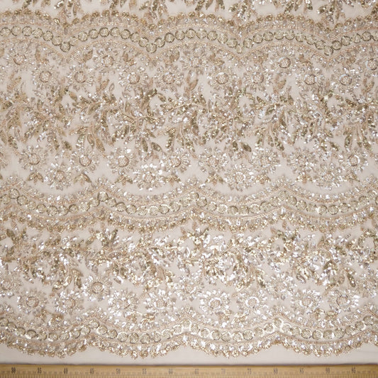 TUL PRADA BEIGE ARENA CLARA CON FLORES Y HOJAS