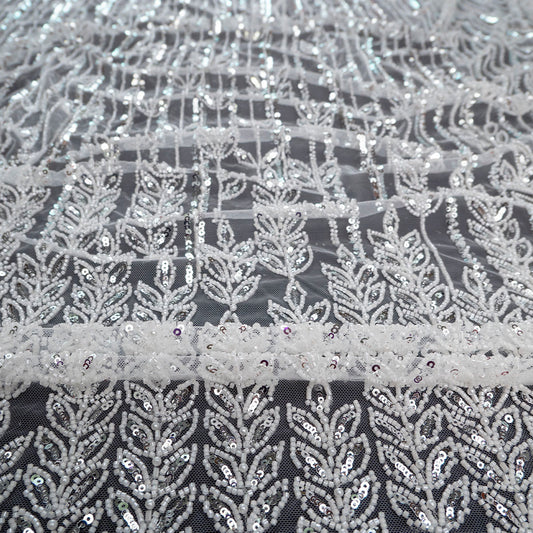 TUL PRADA BLANCO BRILLANTE LINEAS Y HOJAS