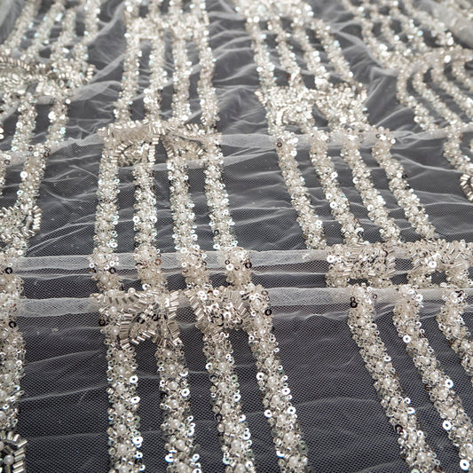 TUL PRADA BLANCO BRILLANTE RAYAS Y MOÑOS