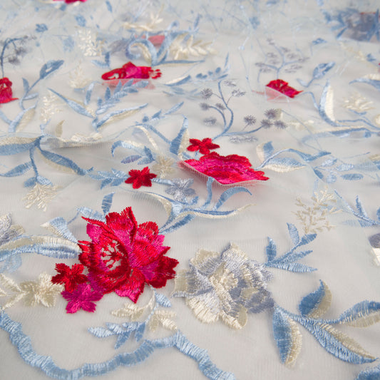 TUL LOLA VERDE AGUA OSCURO ROSAS BORDADAS