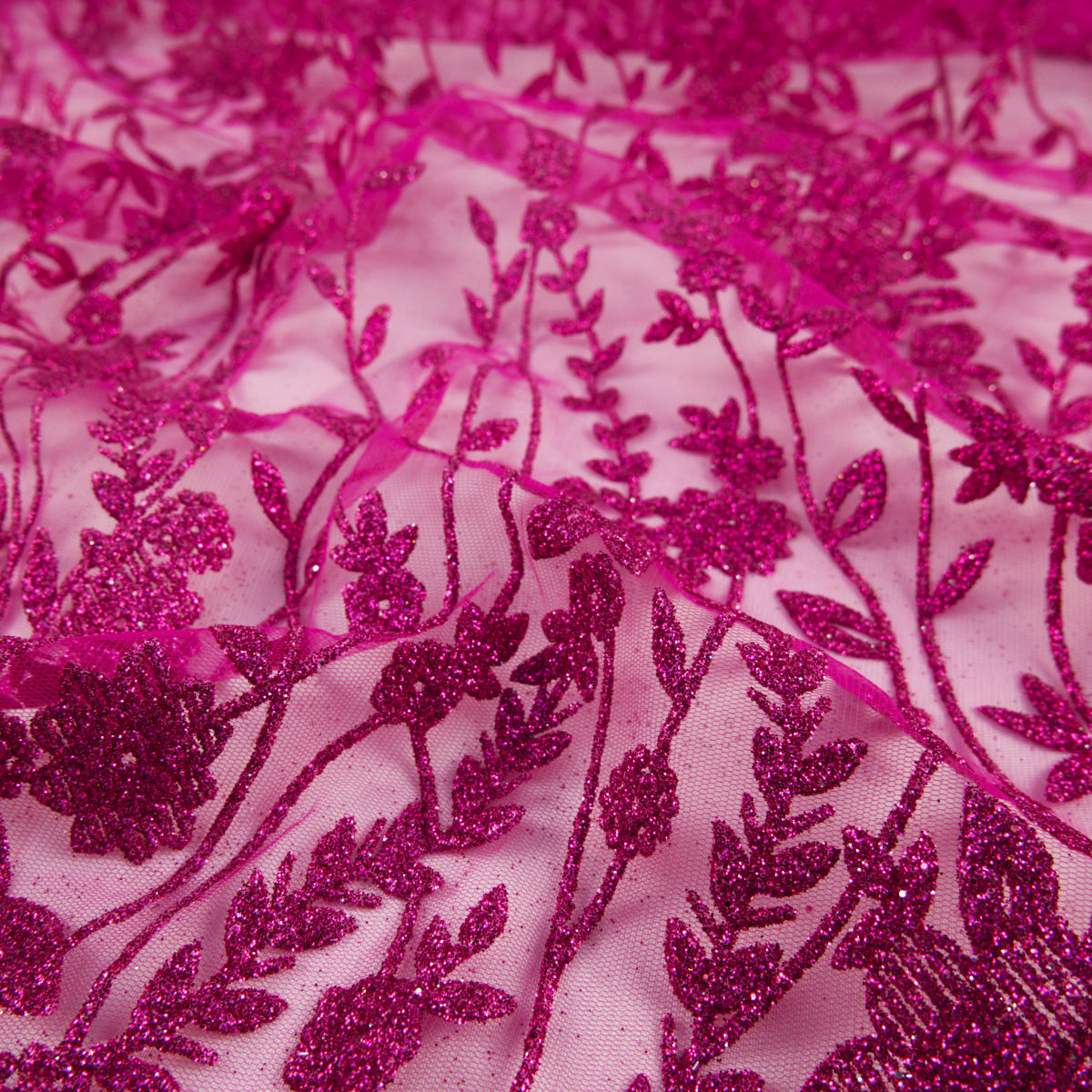 TUL LOLA FUCSIA REMOLACHA GLITTER HOJAS Y FLORES