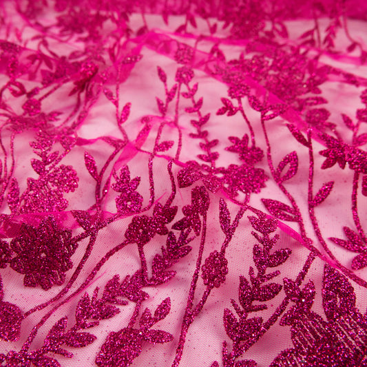 TUL LOLA FUCSIA REMOLACHA GLITTER HOJAS Y FLORES