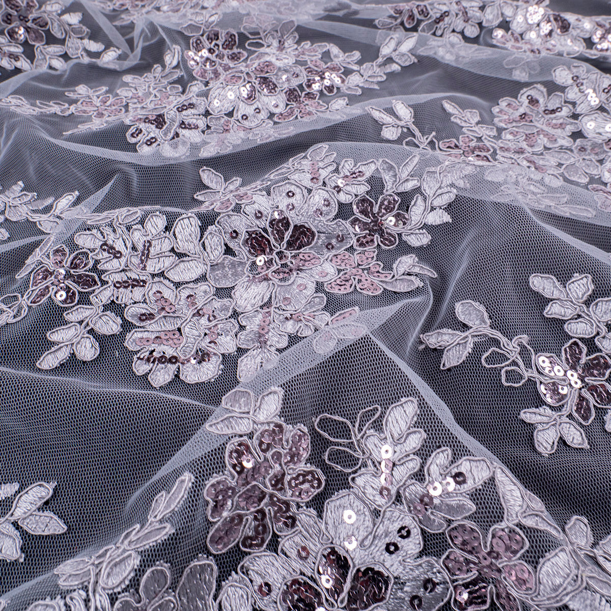 TUL ISABELLA GRIS CENIZA CON GUARDA FLORAL