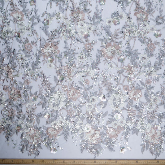 TUL GABBANA GRIS CENIZA CON FLORES Y HOJAS