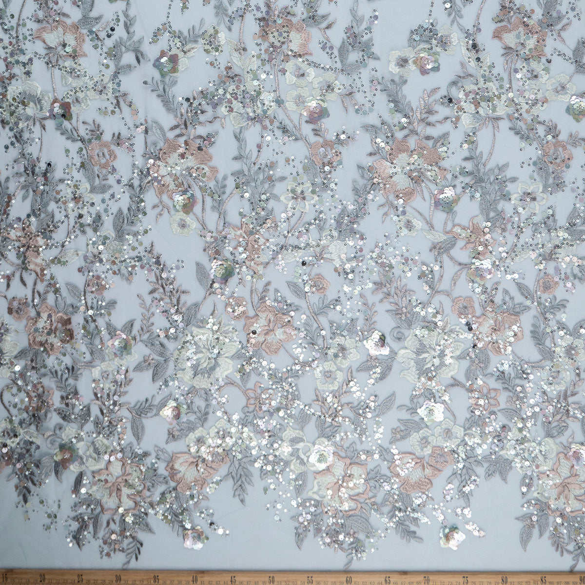 TUL GABBANA GRIS CENIZA CON FLORES Y HOJAS