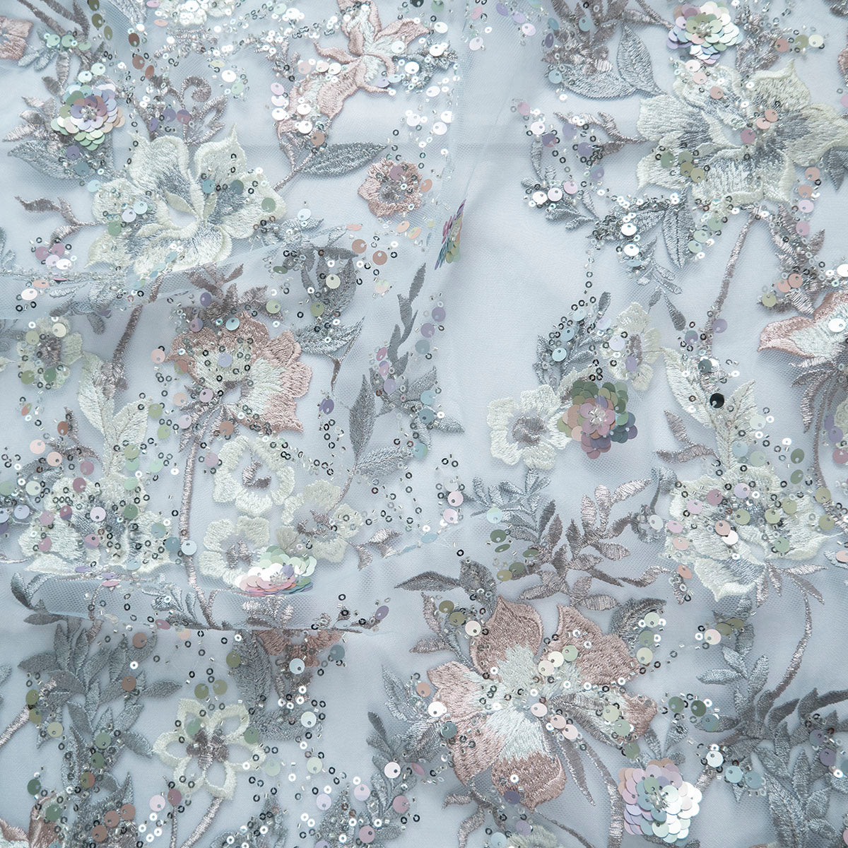 TUL GABBANA GRIS CENIZA CON FLORES Y HOJAS