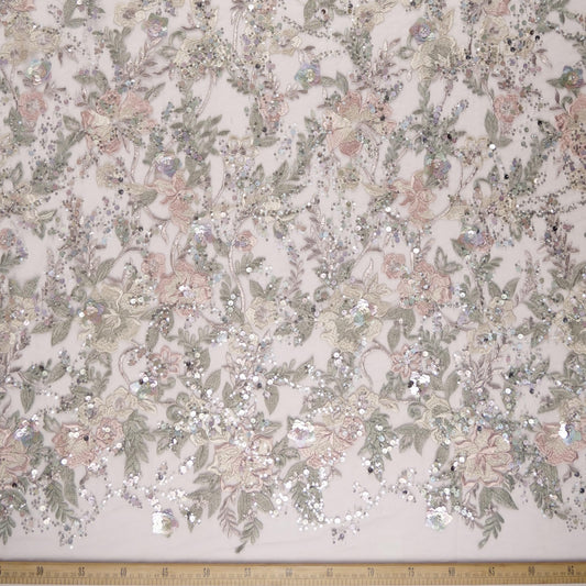 TUL GABBANA BLANCO PAPIRO CON FLORES, HOJAS Y LENTEJUELAS