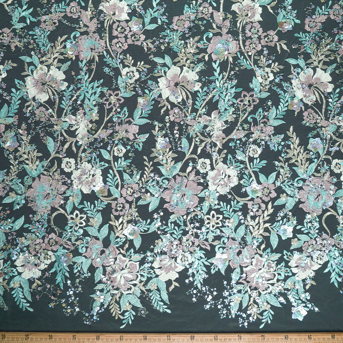 TUL GABBANA VERDE AGUA BAHIA CON FLORES Y HOJAS