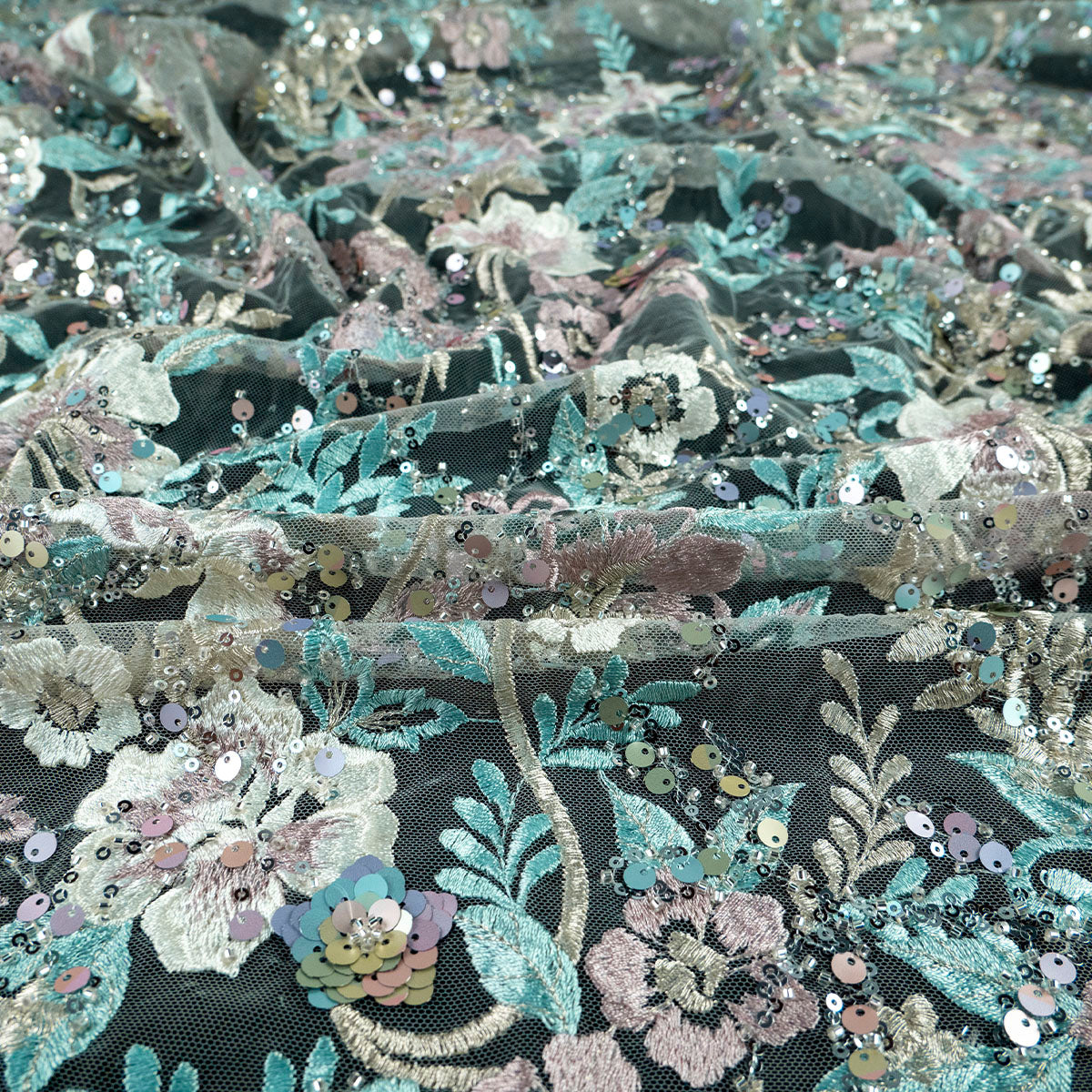 TUL GABBANA VERDE AGUA BAHIA CON FLORES Y HOJAS