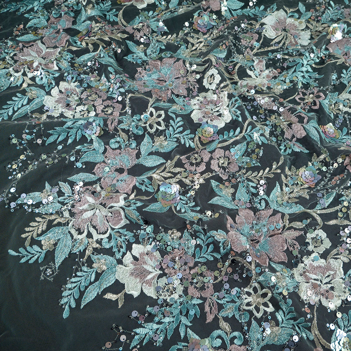 TUL GABBANA VERDE AGUA BAHIA CON FLORES Y HOJAS