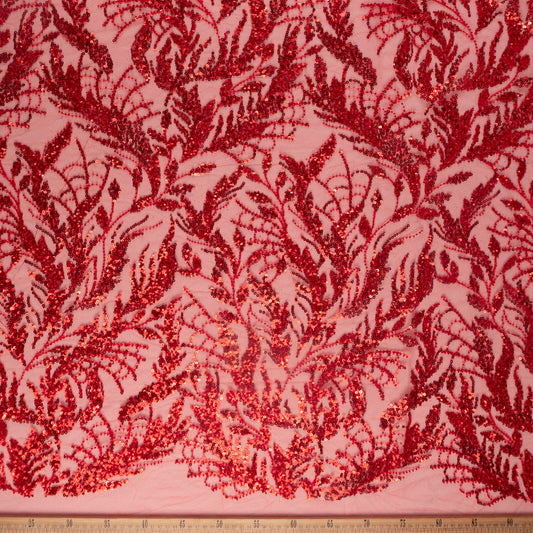 TUL GALLIANO ROJO SCARLATA HOJAS CON LENTEJUELAS