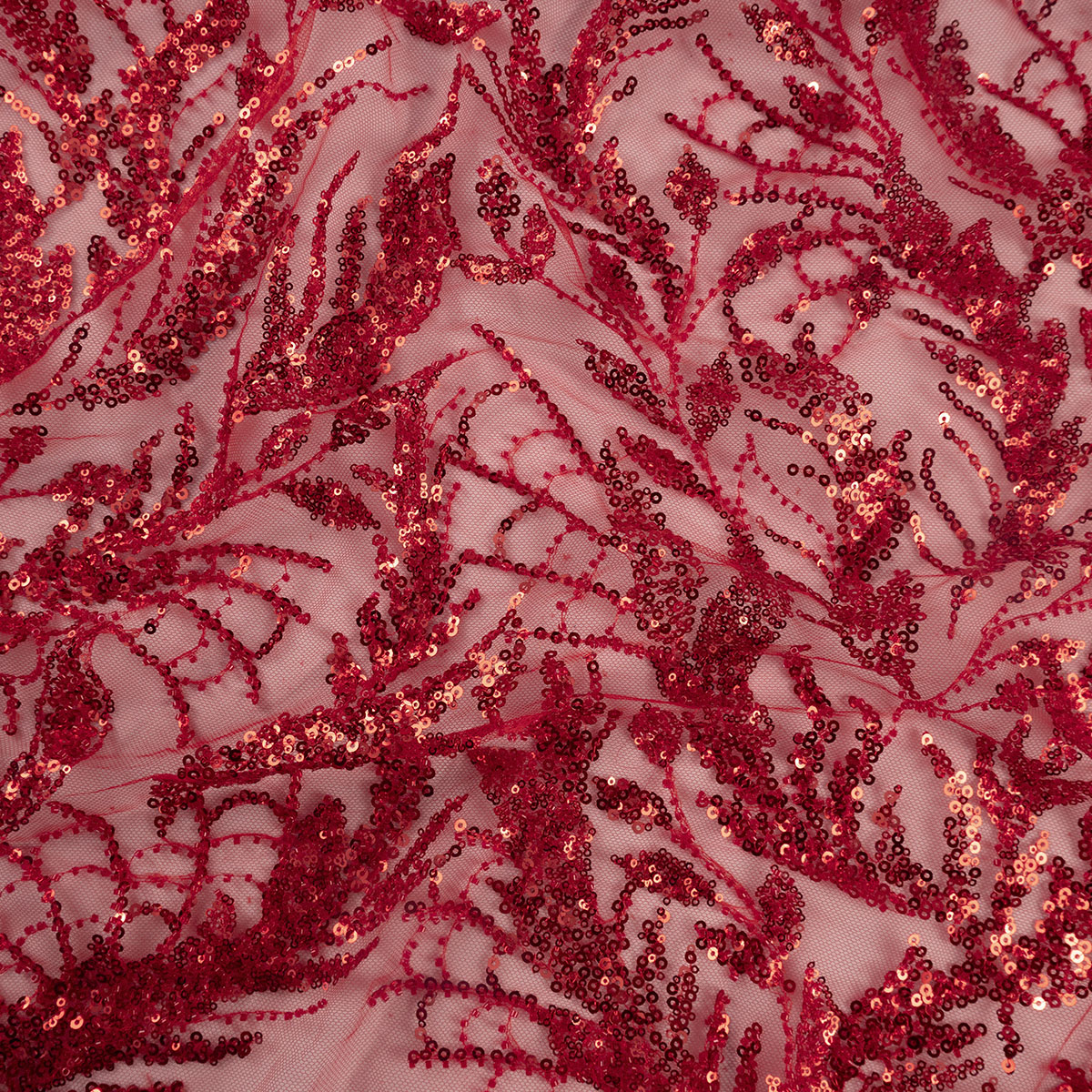 TUL GALLIANO ROJO SCARLATA HOJAS CON LENTEJUELAS