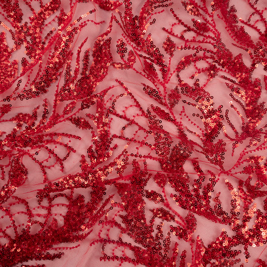 TUL GALLIANO ROJO SCARLATA HOJAS CON LENTEJUELAS