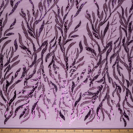 TUL GALLIANO VIOLETA PETUNIA HOJAS Y LENTEJUELAS