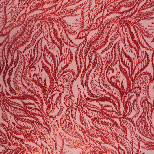 TUL GALLIANO ROJO SCARLATA LENTEJUELAS Y HOJAS