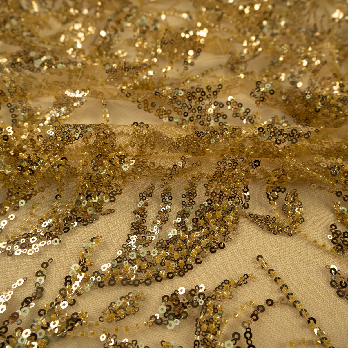 TUL GALLIANO VERDE OLIVA MARRON HOJAS Y LENTEJUELAS