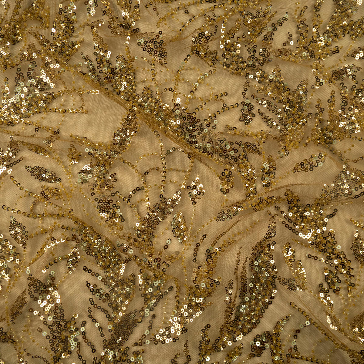 TUL GALLIANO VERDE OLIVA MARRON HOJAS Y LENTEJUELAS