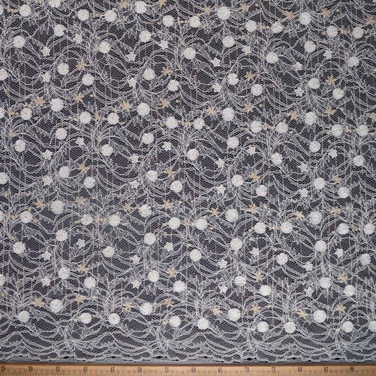 ENCAJE BORDADO BLANCO BRILLANTE CON FLORES