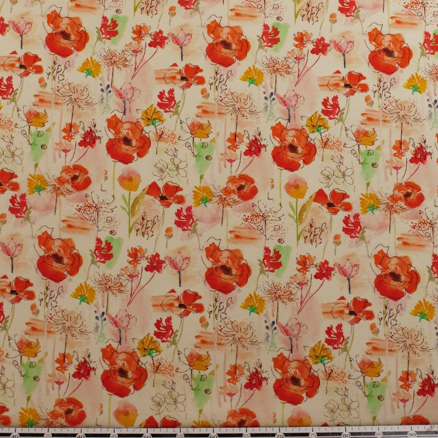 SEDA HINDU ESTAMPADA AMARILLO CERA CON FLORES ROJAS