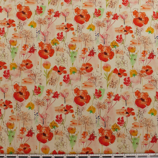 SEDA HINDU ESTAMPADA AMARILLO CERA CON FLORES ROJAS