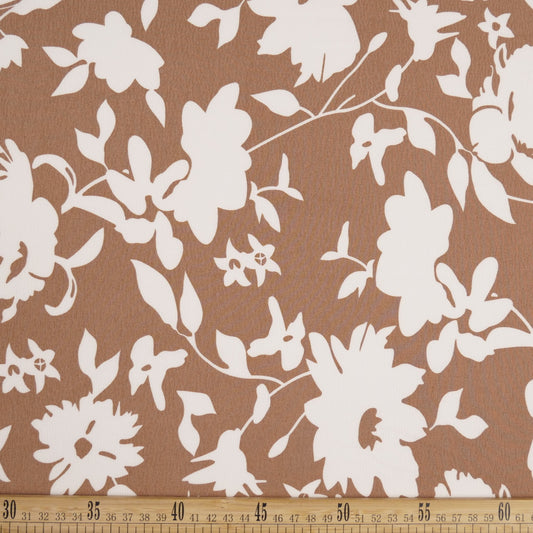 CREPE CEY ESTAMPADO MARRON ALMONDINE CON FLORES BLANCAS