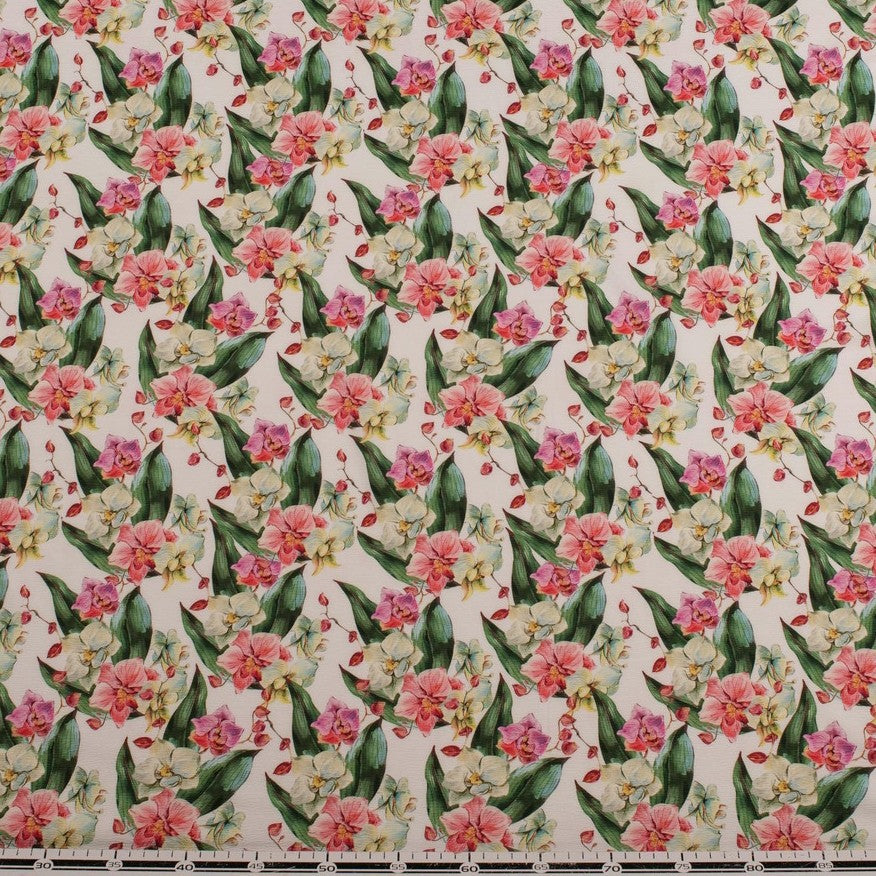 CREPE CEY ESTAMPADO BLANCO BRILLANTE FLORES Y HOJAS