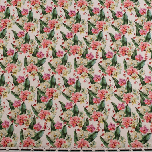 CREPE CEY ESTAMPADO BLANCO BRILLANTE FLORES Y HOJAS