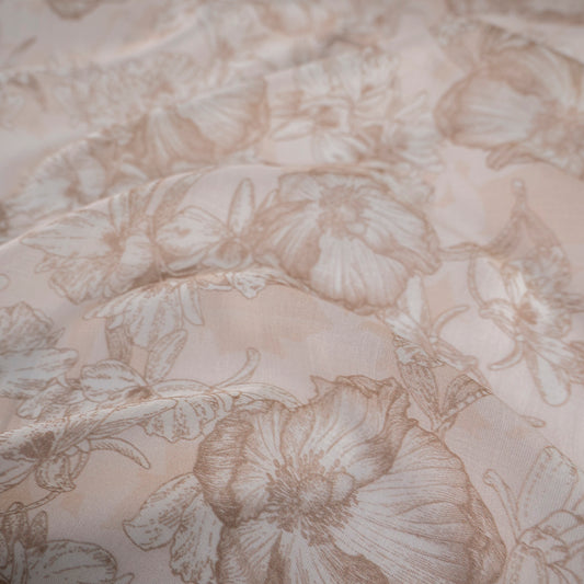 GASA ESTAMPADA TENCEL BEIGE CHAMPAGNE FLORES GRANDES EN NEUTRO