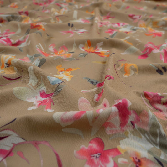 CREPE LAUREN ESTAMPADO CAMEL PRALINE FLORES COLORIDAS