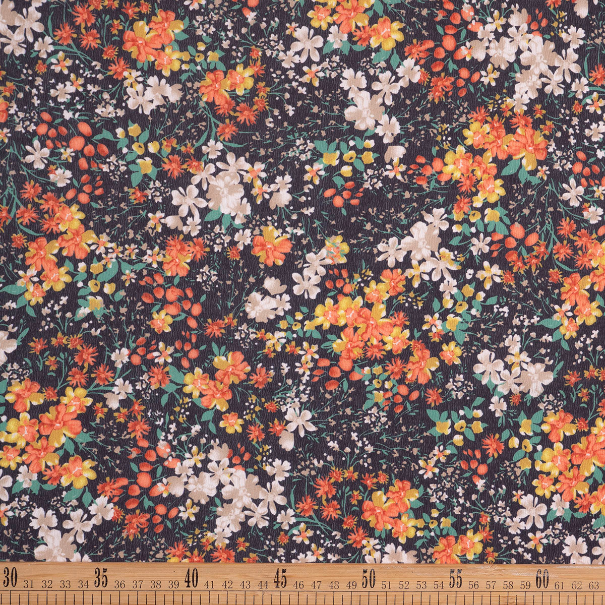 CREPE LAUREN ESTAMPADO NEGRO METEORITO FLORAL COLORIDO