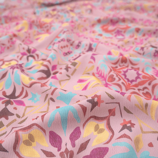 CREPE LAUREN ESTAMPADO ROSA APRICOT AZULEJOS DE COLORES VIBRANTES