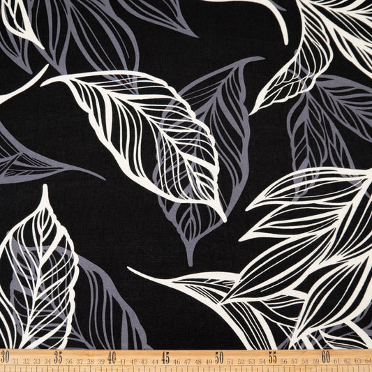 CREPE GILLY DIGITAL PRINT NEGRO METEORITO CON HOJAS BLANCAS Y MORADAS