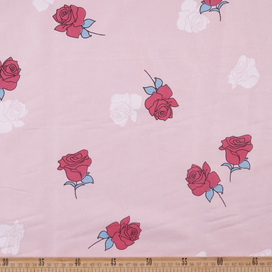 PERCAL ESTAMPADO ROSA APRICOT CON ROSAS ROJAS Y ROSAS
