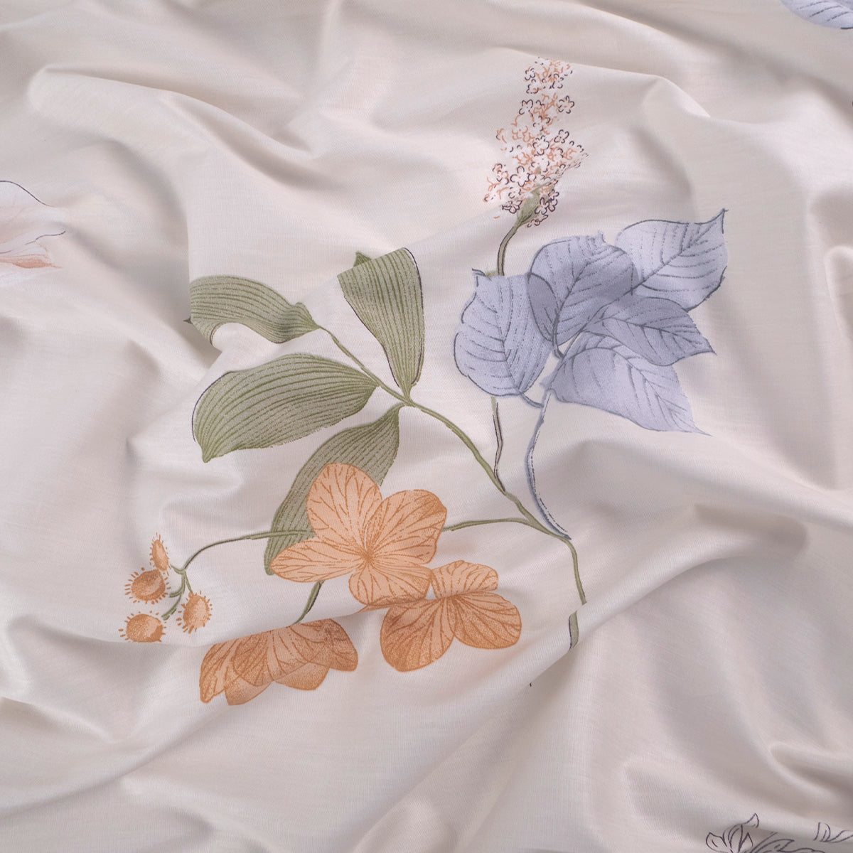 PERCAL 200 HILOS ESTAMPADA BLANCO SUSURRO CON FLORES Y HOJAS COLORIDAS