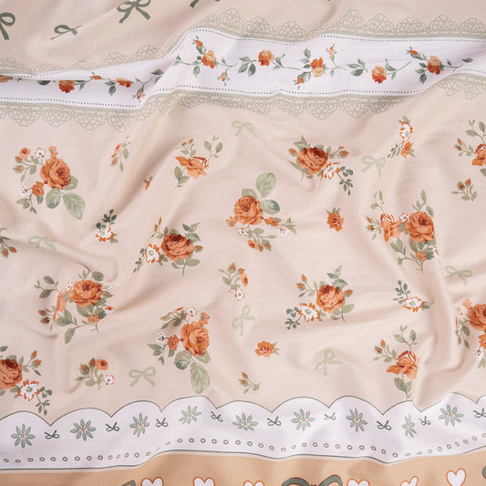 PERCAL 200 HILOS ESTAMPADA BEIGE LANA FLORES NARANJA Y GUARDA CON MOÑOS