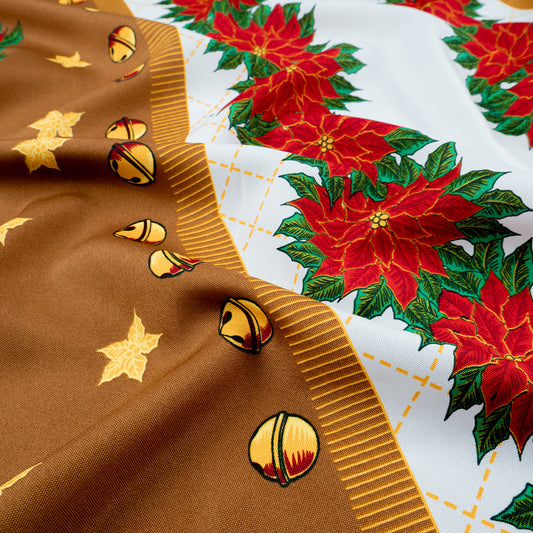 MANTELERIA NAVIDAD MARRON CARIBOU GIRNALDAS, POINSETTIAS, ESFERAS Y ESTRELLAS